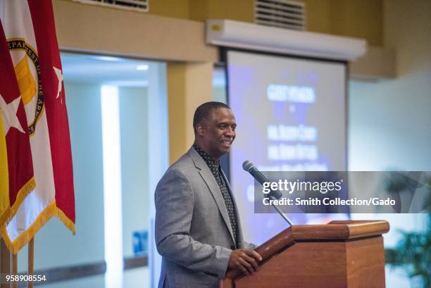 Former defensive back for the Atlanta Falcons football team Bobby Butler holding a speech to Soldiers at National Day of Prayer Observance, Fort...