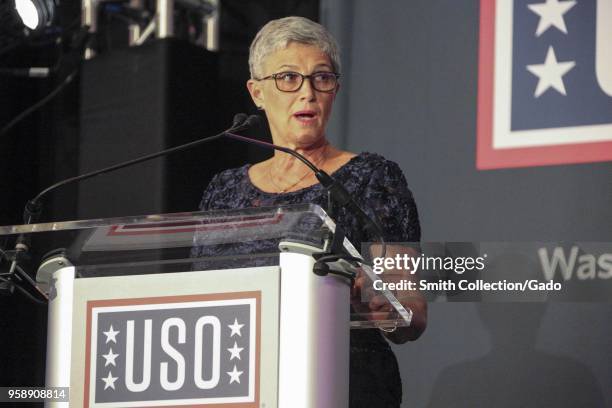 Arcy Neller, wife of Commandant of the Marine Corps Gen Robert B. Neller, briefing at the 36th Annual USO Military Spouse Program Awards Dinner in...