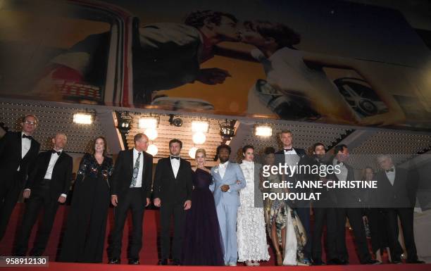 British actor Paul Bettany, US director Ron Howard, US producer Kathleen Kennedy, US actor Woody Harrelson, US actor Alden Ehrenreich, British...