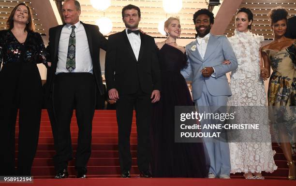 Producer Kathleen Kennedy, US actor Woody Harrelson, US actor Alden Ehrenreich, British actress Emilia Clarke, US actor Donald Glover, British...
