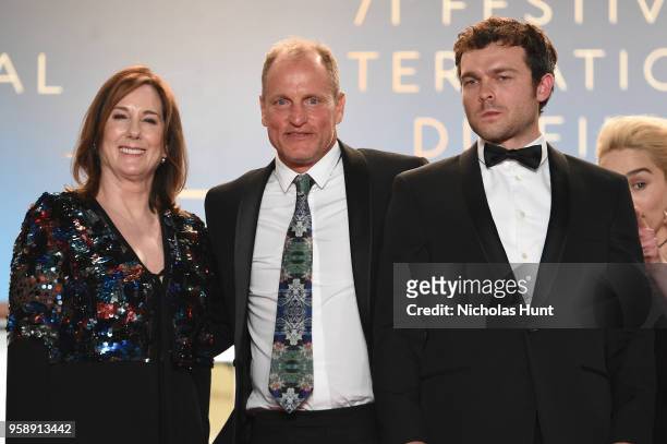 Producer Kathleen Kennedy, actors Woody Harrelson and Alden Ehrenreich departs the screening of "Solo: A Star Wars Story" during the 71st annual...