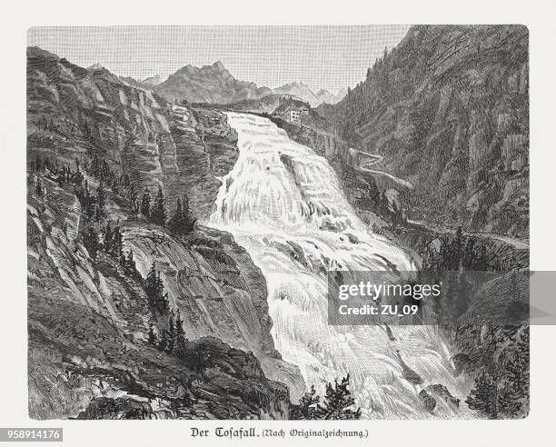 cascata del toce (tosafall), formazza, piemont, italy, woodcut, published 1897 - japanese tosa stock illustrations