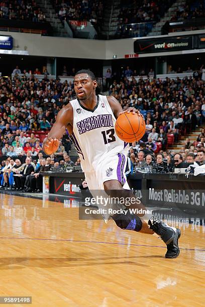 Tyreke Evans of the Sacramento Kings drives the ball to the basket during the game against the Orlando Magic on January 12, 2010 at Arco Arena in...