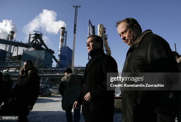 Russian President Dmitry Medvedev and owner of Novolipetsk Steel Vladimir Lisin look on during a visit to NLMK on January 20, 2010 in Lipetsk,...