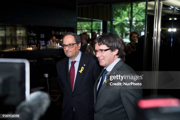 New elected and former Catalan Prime Minister Qim Torra and Carles Puigdemont arrive to hold a press conference in Berlin, Germany on May 15, 2018.