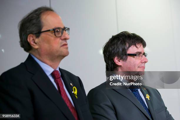 New elected and former Catalan Prime Minister Qim Torra and Carles Puigdemont arrive to hold a press conference in Berlin, Germany on May 15, 2018.