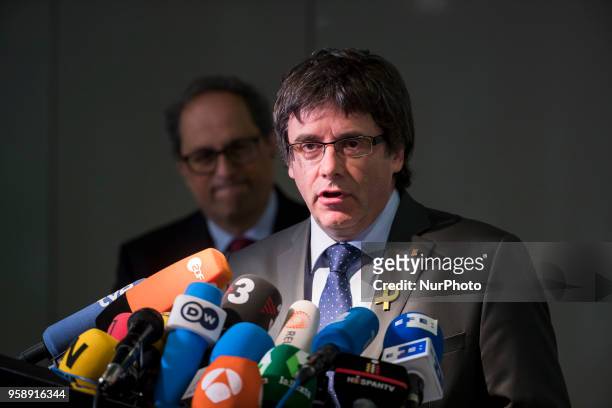 New elected and former Catalan Prime Minister Qim Torra and Carles Puigdemont hold a press conference in Berlin, Germany on May 15, 2018.