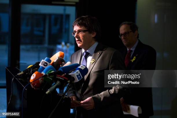 New elected and former Catalan Prime Minister Qim Torra and Carles Puigdemont hold a press conference in Berlin, Germany on May 15, 2018.