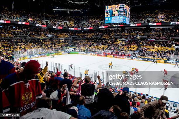 Fans watch during the group A match Russia v Sweden of the 2018 IIHF Ice Hockey World Championship at the Royal Arena in Copenhagen, Denmark, on May...