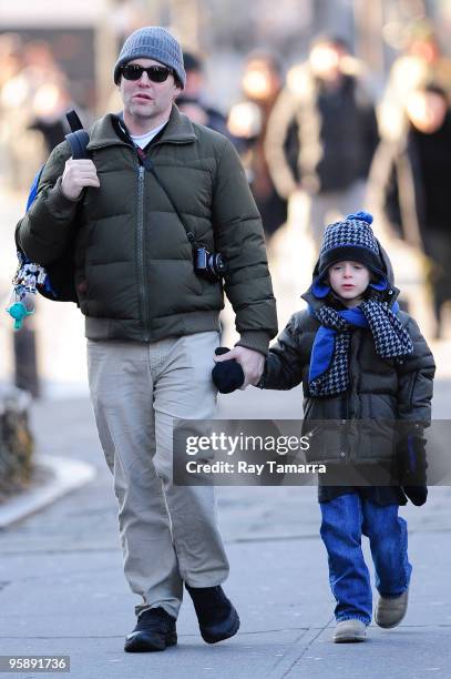 Actor Matthew Broderick and his son James Wilkie Broderick walk to school in the West Village on January 20, 2010 in New York City.