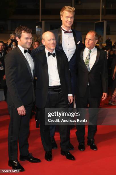 Actor Alden Ehrenreich, director Ron Howard, actors Joonas Suotamo and Woody Harrelson attend the screening of "Solo: A Star Wars Story" during the...