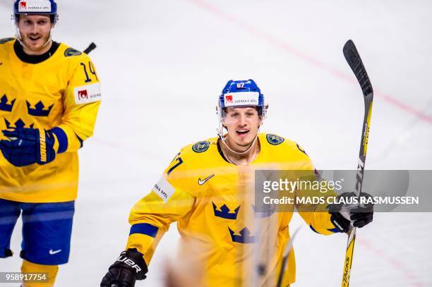 Rickard Rakell of Sweden celebrates after scoring during the group A match Russia v Sweden of the 2018 IIHF Ice Hockey World Championship at the...
