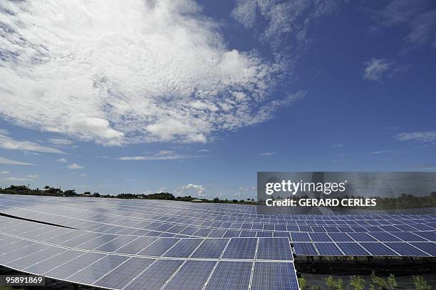 Picture taken on January 19 shows a solar plant for its opening by French President Nicolas Sarkozy, in Saint-Pierre de La Reunion island during an...