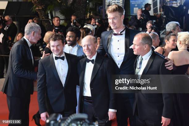 Alden Ehrenreich, director Ron Howard, Joonas Suotamo and Woody Harrelson depart the screening of "Solo: A Star Wars Story" during the 71st annual...