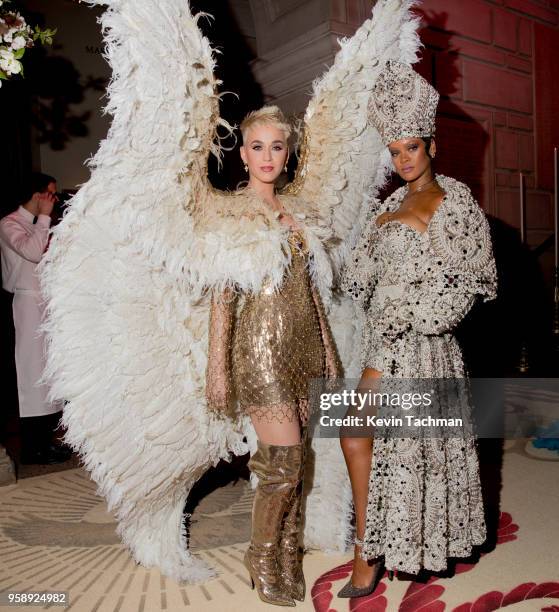 Katy Perry and Rihanna attend the Heavenly Bodies: Fashion & The Catholic Imagination Costume Institute Gala at The Metropolitan Museum of Art on May...