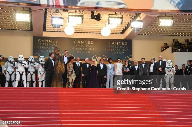 Producer Simon Emanuel, Chewbacca, actor Joonas Suotamo, actress Thandie Newton, actor Woody Harrelson, director Ron Howard, actress Emilia Clarke,...