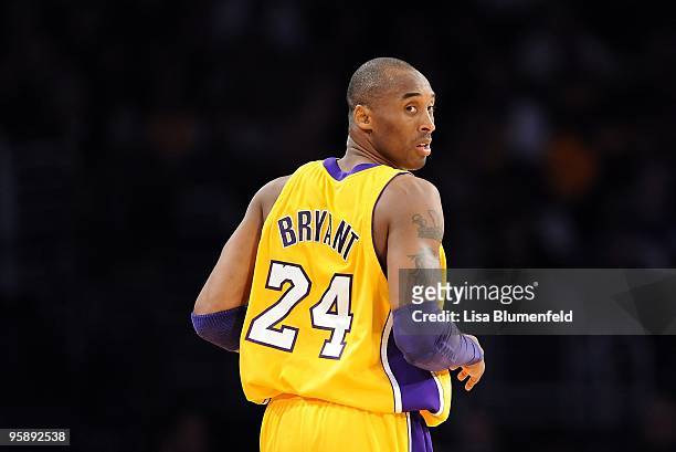 Kobe Bryant of the Los Angeles Lakers runs downcourt during the game against the Houston Rockets at Staples Center on January 5, 2010 in Los Angeles,...