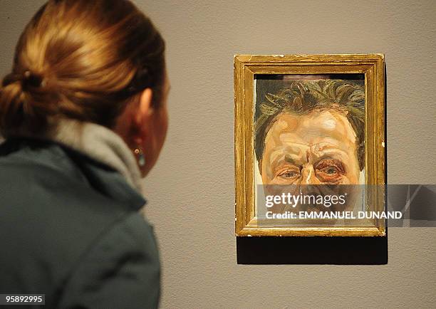 "Self-Portrait with a Black Eye", a painting by artist Lucian Freud, is on display at Sotheby's during a preview at Sotheby's, January 20 in New...