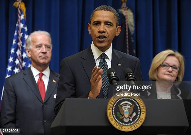 President Barack Obama speaks before signing a directive cracking down on tax cheats getting federal contracts as U.S. Vice President Joe Biden and...