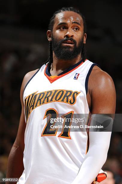 Ronny Turiaf of the Golden State Warriors takes a break from the action during the game against the Cleveland Cavaliers on January 11, 2010 at Oracle...