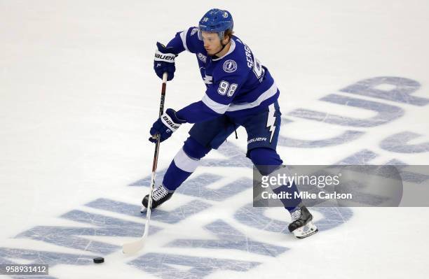 Mikhail Sergachev of the Tampa Bay Lightning moves the puck against the Washington Capitals during the second period in Game Two of the Eastern...