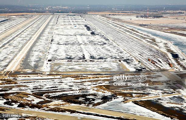 Construction continues at a snow-covered Union Pacific Corp. Intermodal facility in this aerial photo taken in Elwood, Illinois, U.S., on Tuesday,...