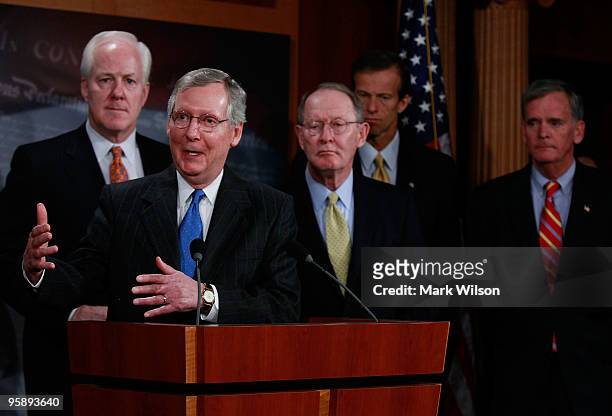 Senate Minority Leader Mitch McConnell speaks about last nights special election in Massachusetts during a news conference at the US Capitol on...
