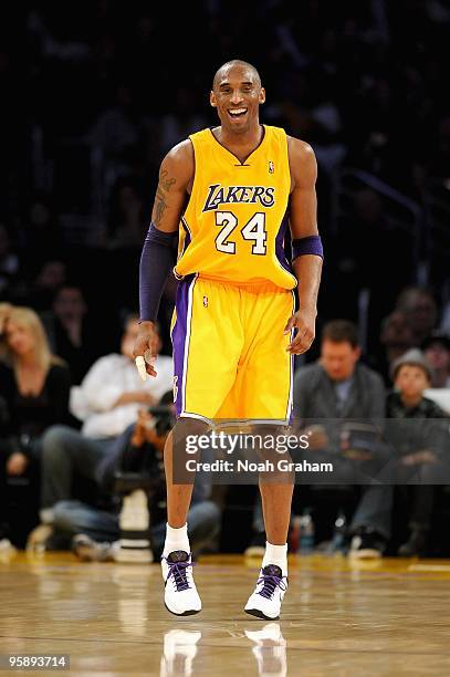 Kobe Bryant of the Los Angeles Lakers smiles during the game against the Golden State Warriors on December 29, 2009 at Staples Center in Los Angeles,...