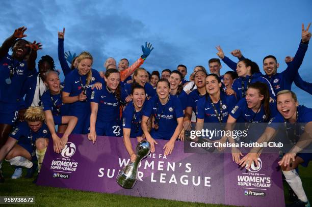 Chelsea Ladies celebrate winning the WSL after a WSL match between Bristol City Women and Chelsea Ladies at the Stoke Gifford Stadium on May 15, 2018...