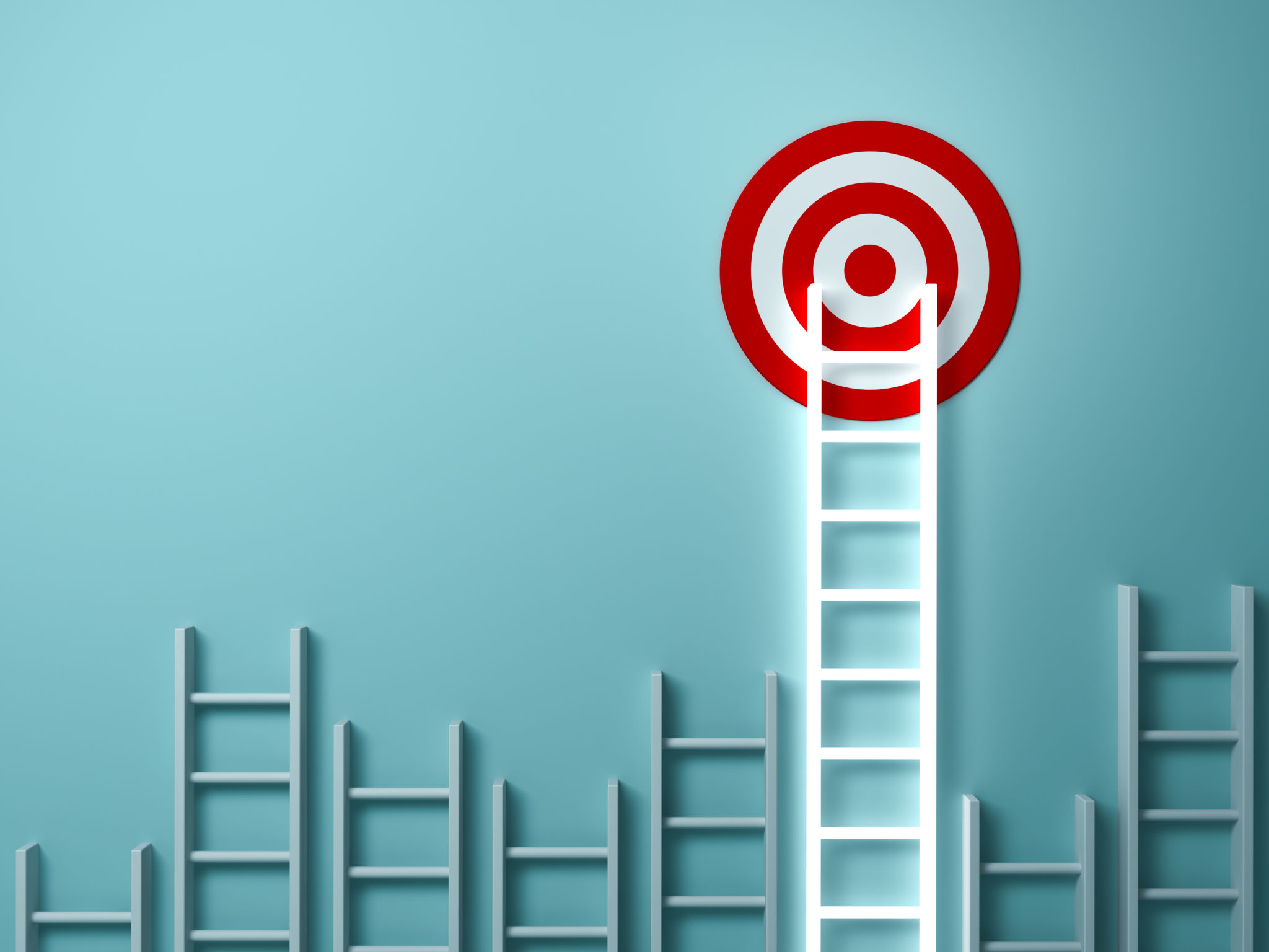 Stand out from the crowd and different creative idea concepts , Longest light ladder glowing and aiming high to goal target among other short ladders on green background with shadows . 3D rendering Stand out from the crowd and different creative idea concepts , Longest light ladder glowing and aiming high to goal target among other short ladders on green background with shadows . 3D rendering