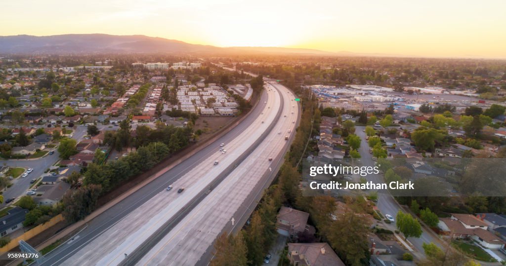 Aerial Of Highway 280 in Silicon Valley. Cupertino, USA