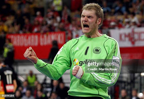 Goalkeeper Johannes Bitter of Germany reacts during the Men's Handball European Championship Group C match between Slovenia and Germany at the...