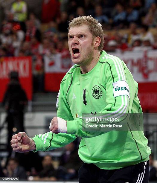 Goalkeeper Johannes Bitter of Germany reacts during the Men's Handball European Championship Group C match between Slovenia and Germany at the...