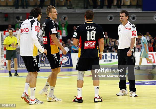 Head coach Heiner Brand of Germany looks dejected during the Men's Handball European Championship Group C match between Slovenia and Germany at the...