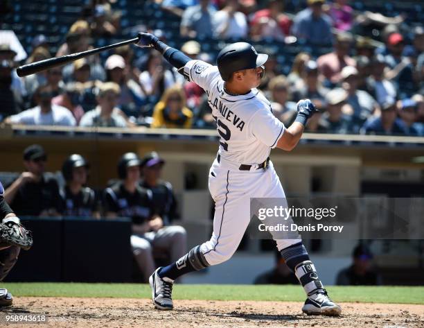 Christian Villanueva of the San Diego Padres hits a two-run home run during the sixth inning of a baseball game against the Colorado Rockies at PETCO...