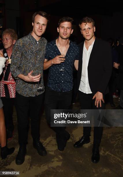 Hugh Skinner, Jeremy Irvine and Josh Dillon arrives at the Nobu Hotel London Shoreditch official launch event on May 15, 2018 in London, United...