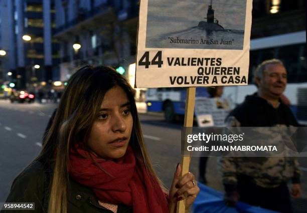 Relatives of crew members of the ARA San Juan submarine, march in Buenos Aires, Argentina, on May 15 six months after it went missing with its 44...
