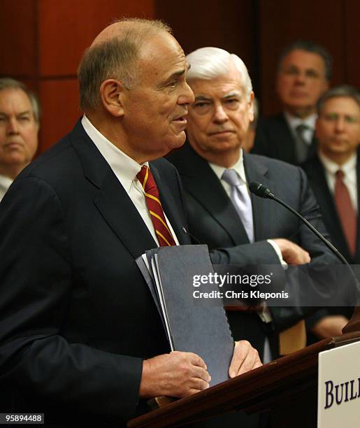 Pennsylvania Gov. Ed Rendell speaks with Senate Banking Committee Chairman Sen. Christopher Dodd as they announce their support for the creation of a...
