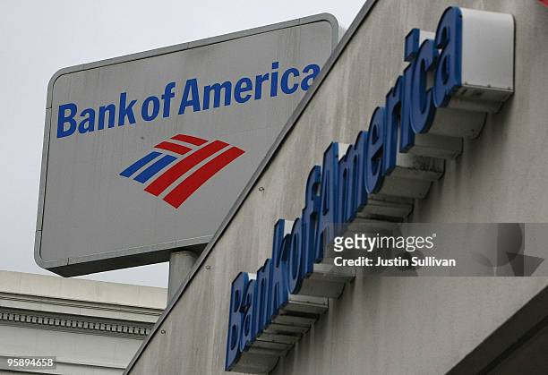 The Bank of America logo is displayed on the side of a Bank of America branch office January 20, 2010 in San Francisco, California. Bank of America...