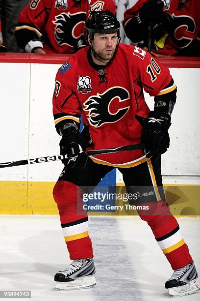 Brian McGrattan of the Calgary Flames skates against the Pittsburgh Penguins on January 13, 2010 at Pengrowth Saddledome in Calgary, Alberta, Canada....
