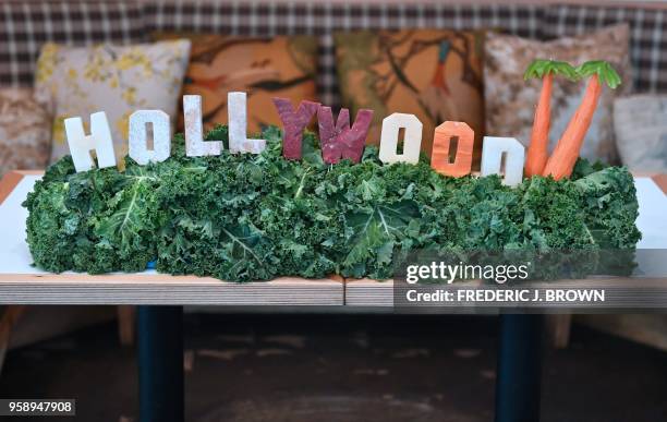 Selection of vegetables recreated as the Hollywood Sign is displayed at Little Pine restaurant May 15, 2018 in Los Angeles, California, a vegan...