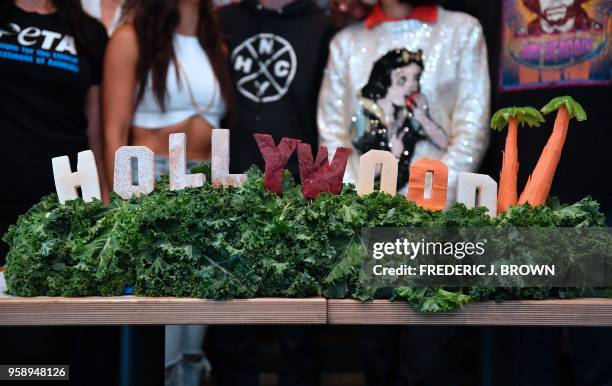 Selection of vegetables recreated as the Hollywood Sign is displayed at Little Pine restaurant May 15, 2018 in Los Angeles, California, a vegan...