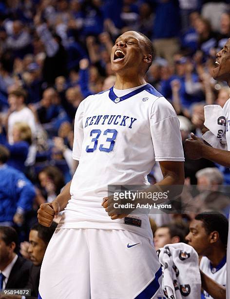 Daniel Orton of the Kentucky Wildcats celebrates during the game against the Hartford Hawks at Rupp Arena on December 29, 2009 in Lexington,...
