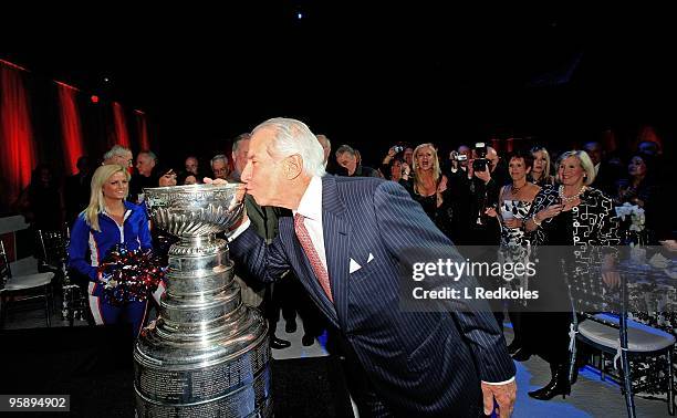 Ed Snider kisses the Stanley Cup with 500 guests looking on at the Spectrum�s Finale Party on January 16, 2010 at the Wachovia Spectrum in...