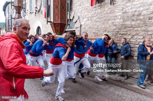 The ceraioli run through the streets of Gubbio during the Race of the Candles on May 15, 2018 in Gubbio, Italy. Gubbio's Race of the Candles festival...