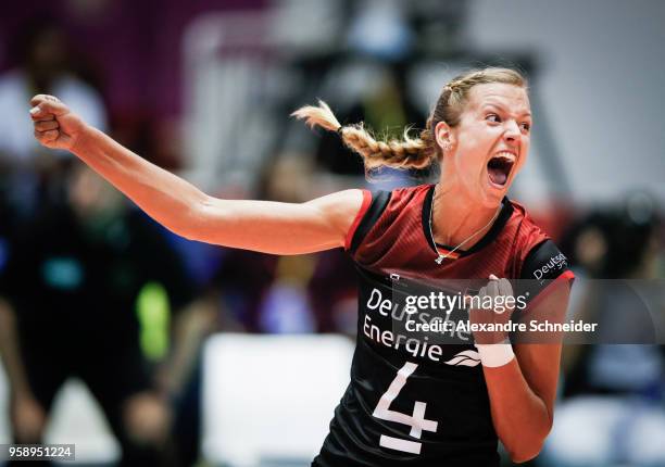Maren Fromm of Germany celebrates after winning the match against Brazil during the FIVB Volleyball Nations League 2018 at Jose Correa Gymnasium on...