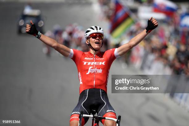 Toms Skujins of Latvia and Team Trek Segafredo celebrates after winning stage three of the 13th Amgen Tour of California, a 197km stage from King...