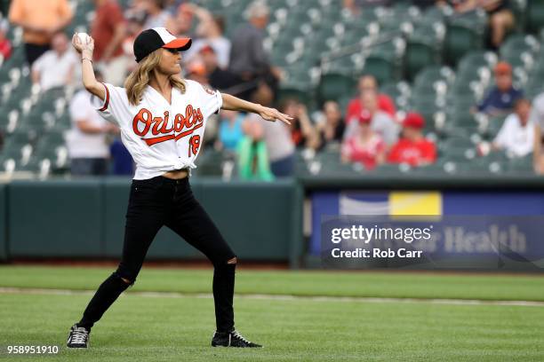 May 15: Television personality Giada De Laurentiis throws out the ceremonial first pitch before the start of the rain delayed Baltimore Orioles and...