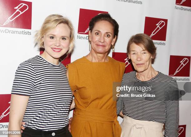 Alison Pill, Laurie Metcalf and Glenda Jackson pose at The 2018 New Dramatists Luncheon Honoring Denzel Washington at The Marriott Marquis Hotel on...