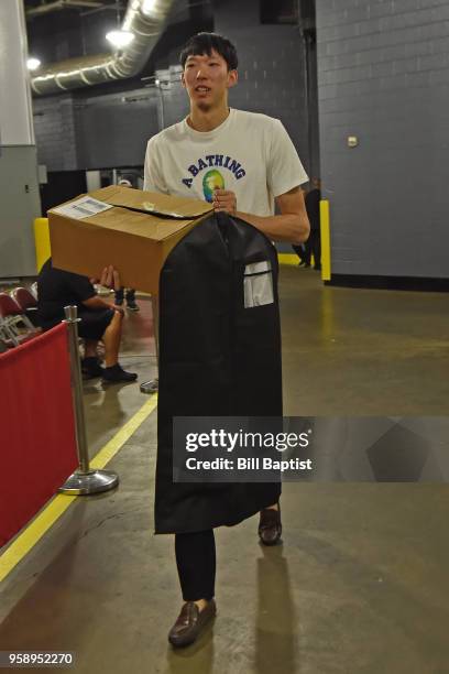 Zhou Qi of the Houston Rockets arrives at the stadium before the game against the Utah Jazz in Game One of the Western Conference Semifinals during...